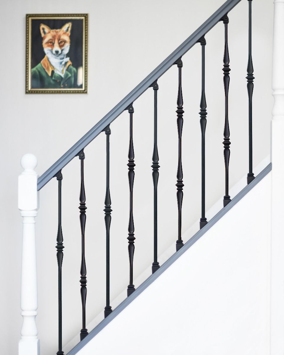  Set of 2 Matte Black "Rowton" and "Lowfield" Steel Stair Spindles With Rake Brackets 