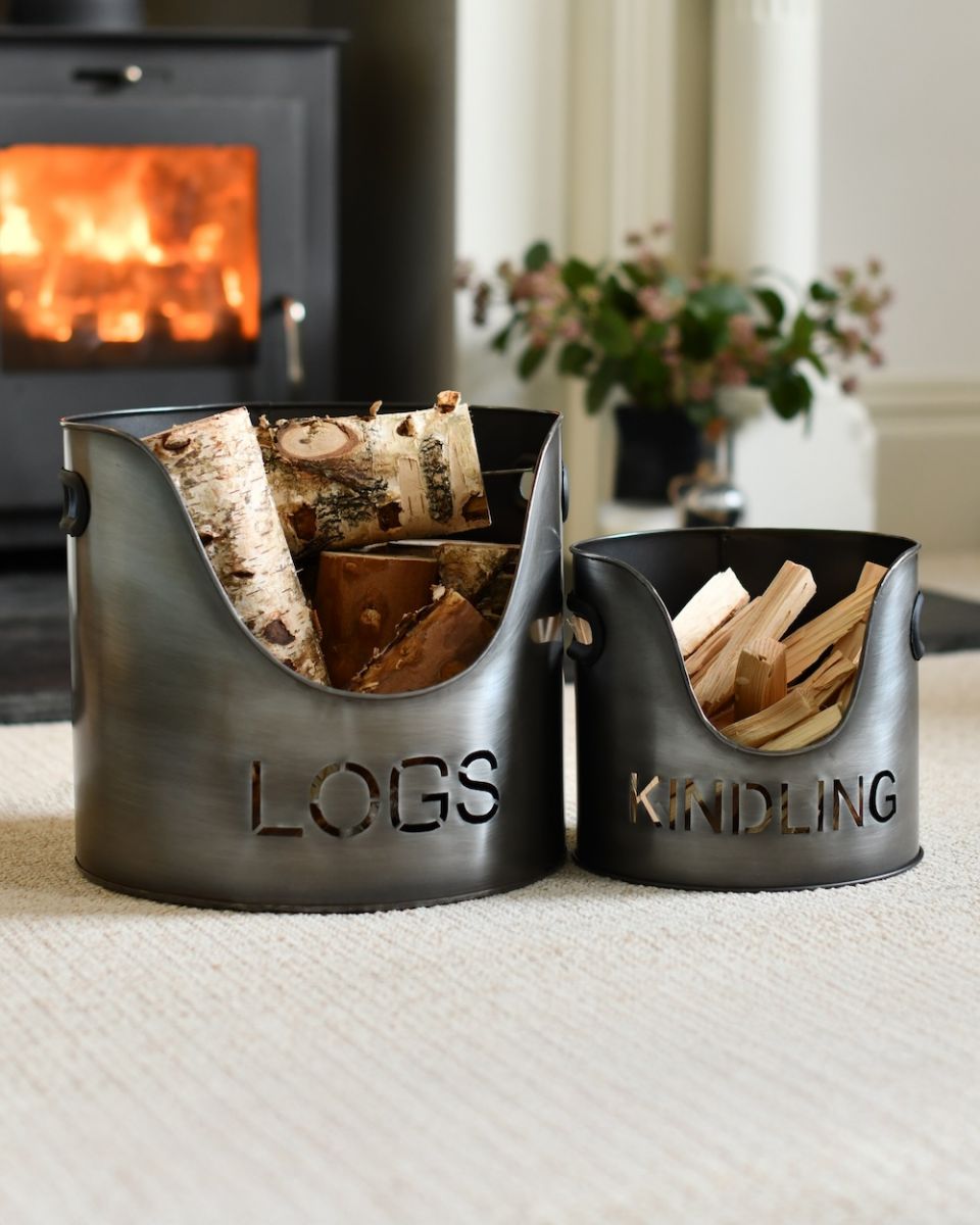 Set of Two "LOGS" and "KINDLING" buckets - Antique Brushed Silver