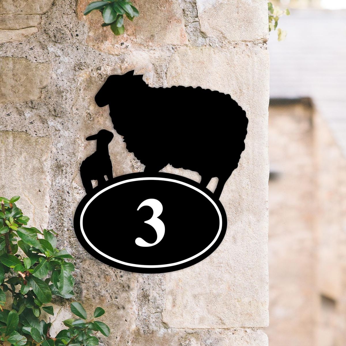 Bespoke Sheep & Lamb Iron House Number Sign in Situ