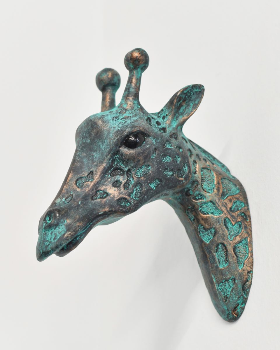 Verdigris Cast Aluminium Giraffe Head Wall Bust Side On