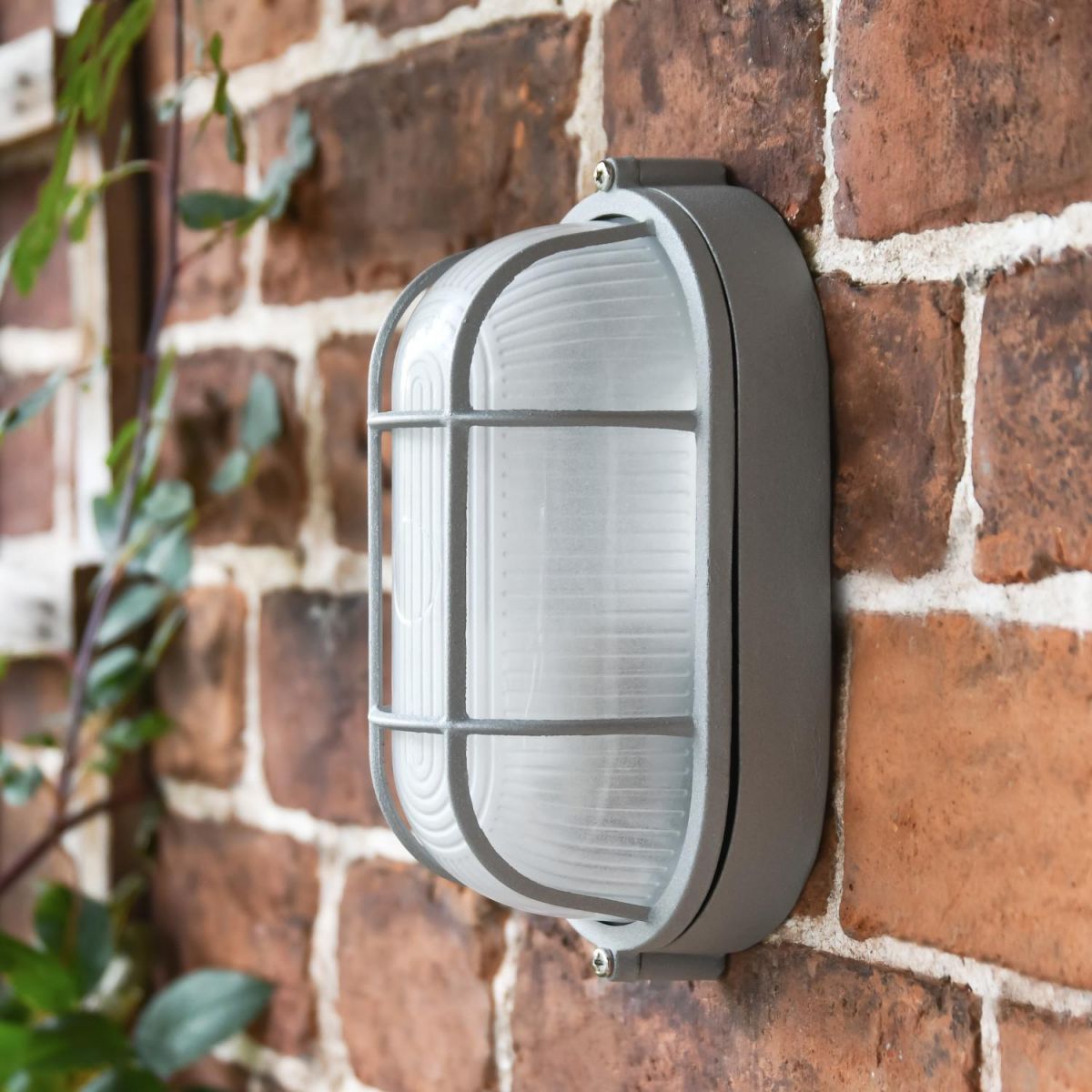 Outdoor Silver Aluminium Bulkhead Wall Light in Situ