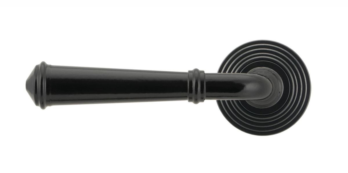 Sleek Midnight Black Lever Door Handle on Beehive Rose Front