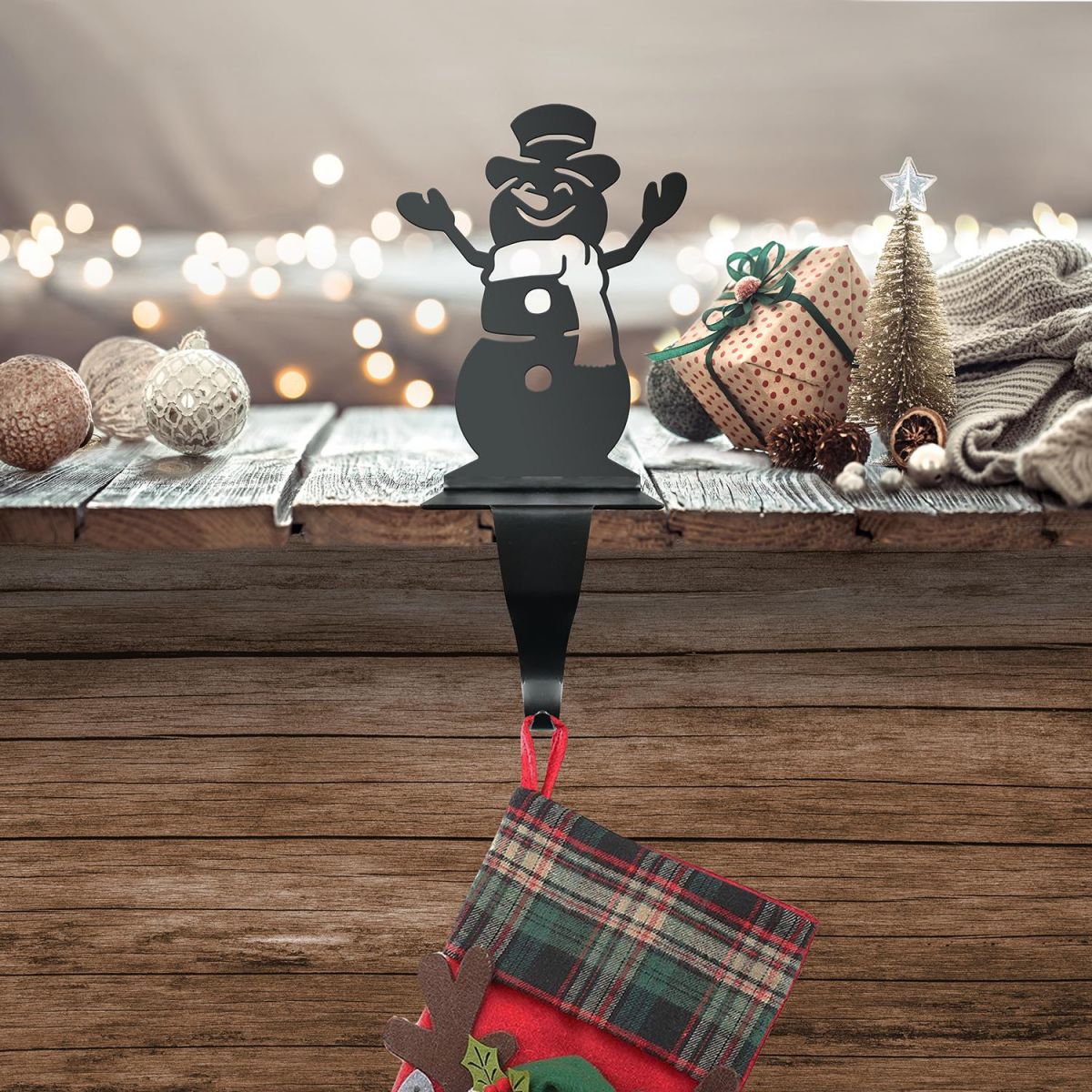 Snowman Stocking Holder in Situ Holding a Stocking