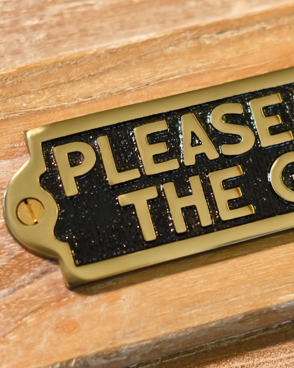 Solid Brass "Please Shut the Gate" Plaque Sign Close Up Detail