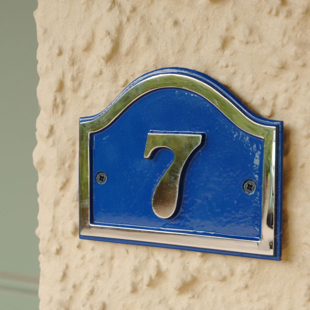 Door number sign blue & chrome finish no 7