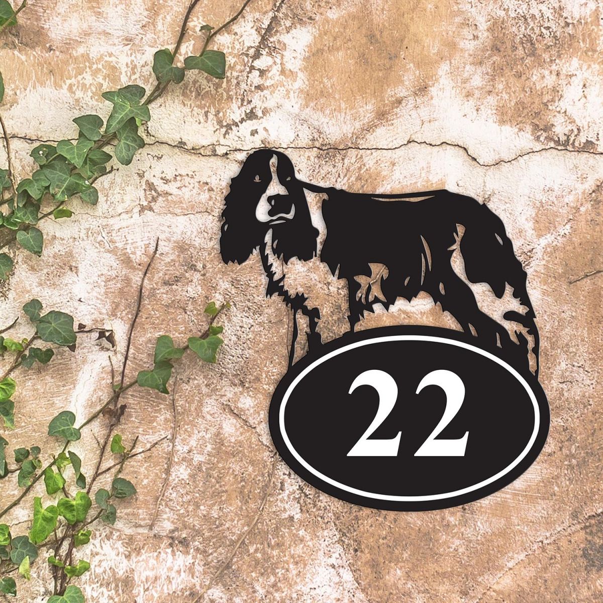 Springer Spaniel Iron House Number Sign in Situ on a Rustic Wall 