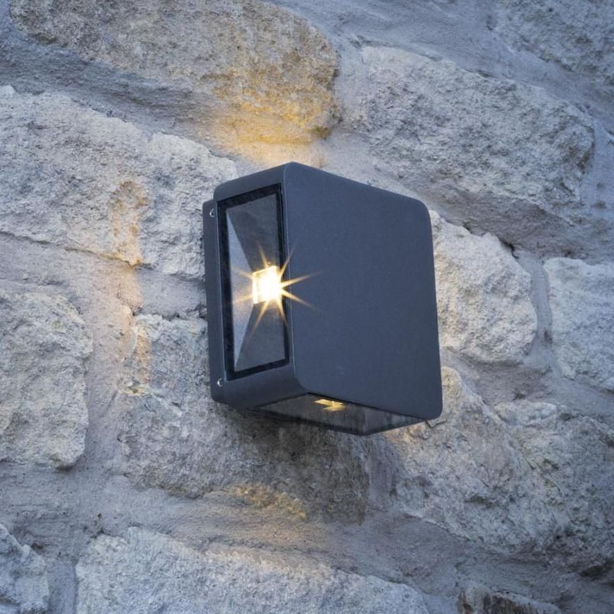 Square Anthracite Beam Wall Light in Situ on a Stone Wall