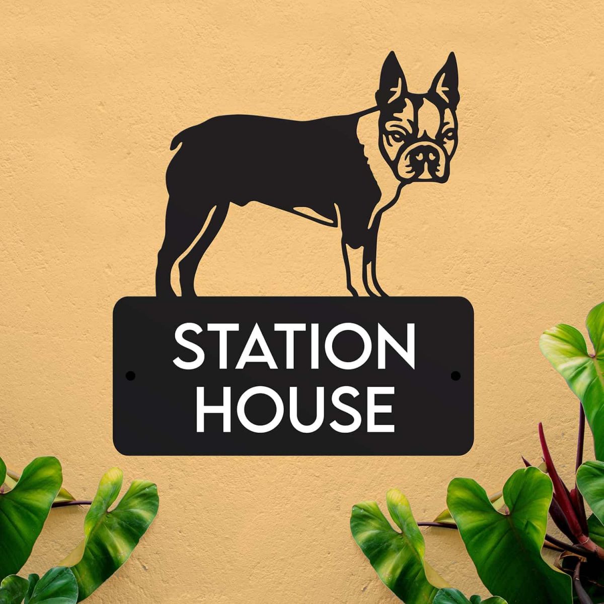 Steel House Name Sign with Boston Terrier Dog Design