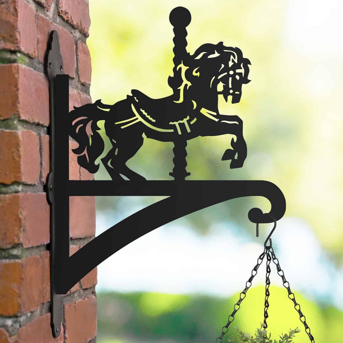 Steel Hanging Basket Bracket with Carousel Horse Motif
