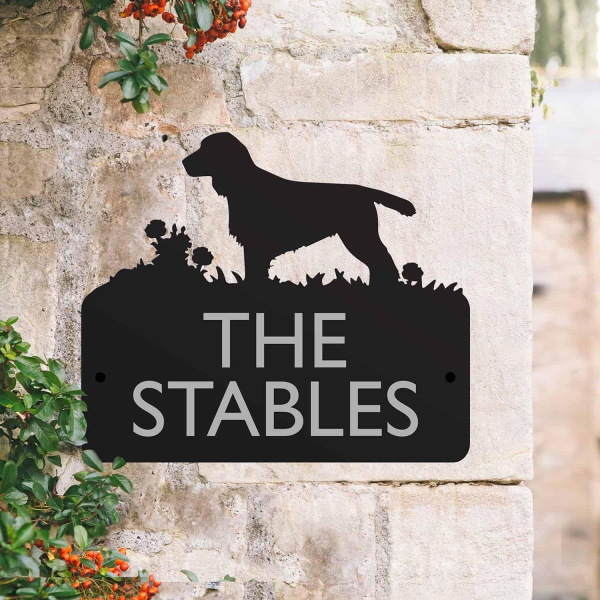 Steel Cocker Spaniel Dog House Name Sign in Situ