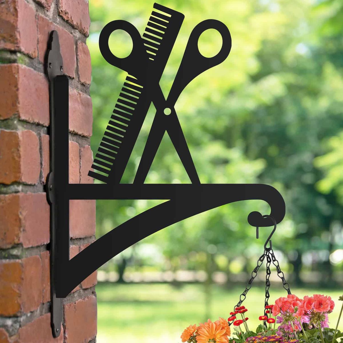 Steel Hanging Basket Bracket with Hairdresser"s Tools Topper