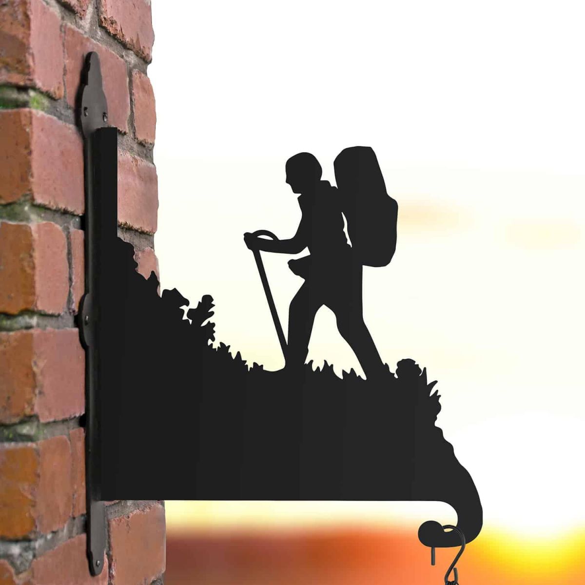 Steel Hanging Basket Bracket with Hiker on Mountain Motif