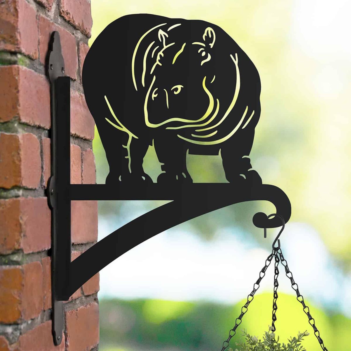 Steel Hanging Basket Bracket with Hippo Looking Right Topper