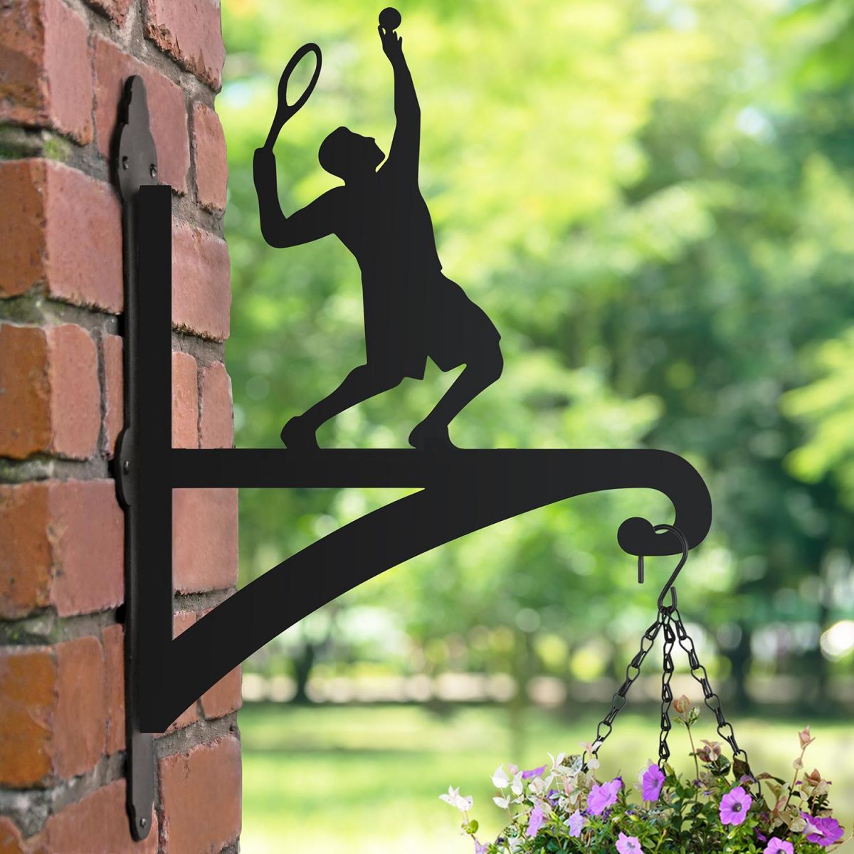 Steel Hanging Basket Bracket with Male Tennis Player Motif