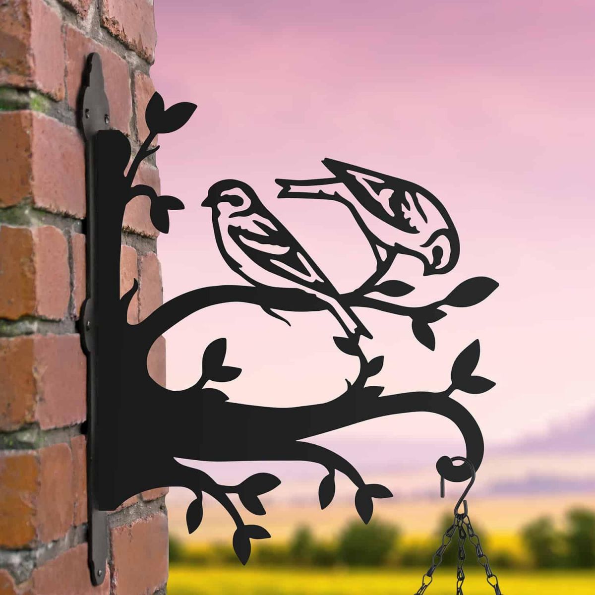 Steel Pair of Siskins on Branches Hanging Basket Bracket in Situ
