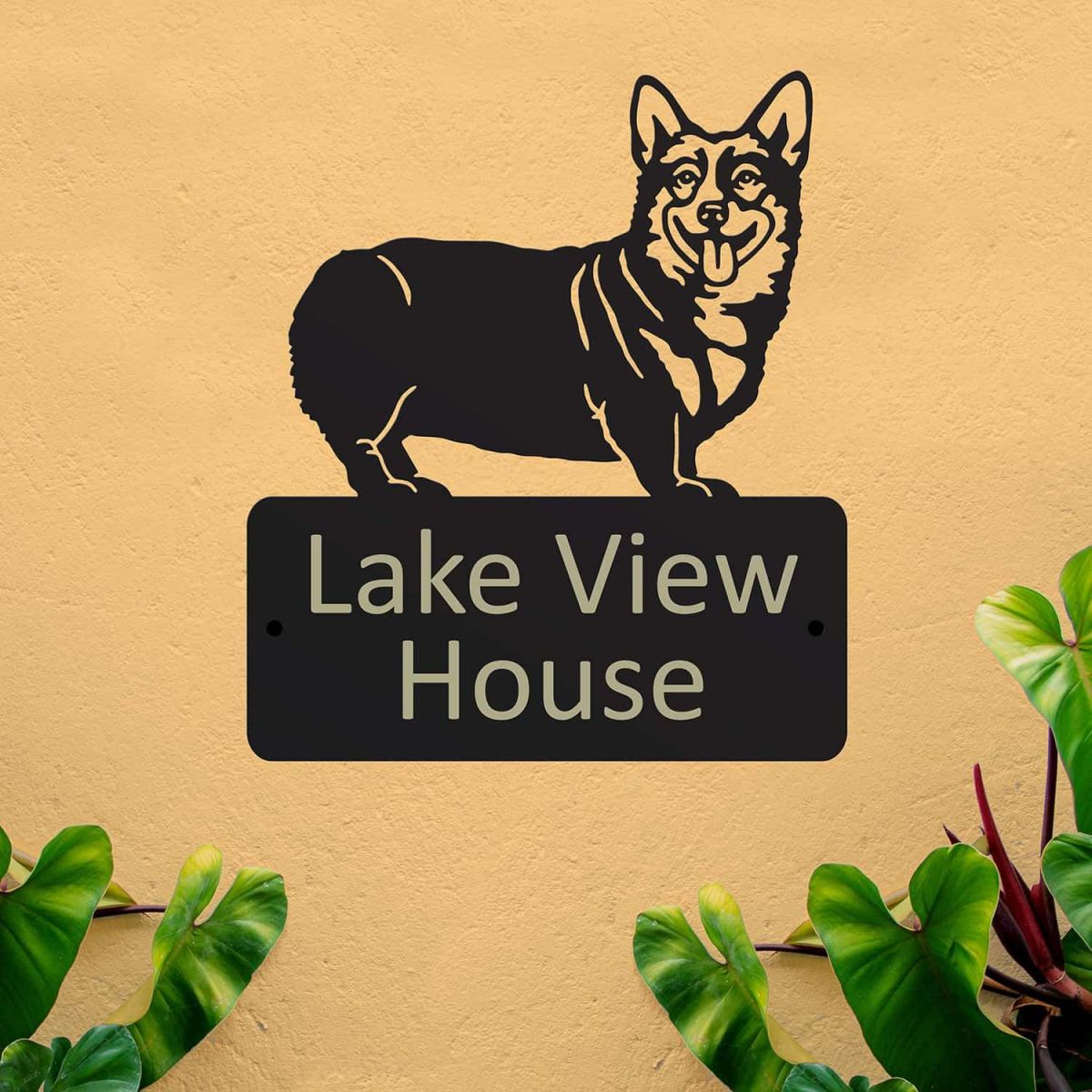 Steel House Name Sign with Pembroke Welsh Corgi Dog Motif