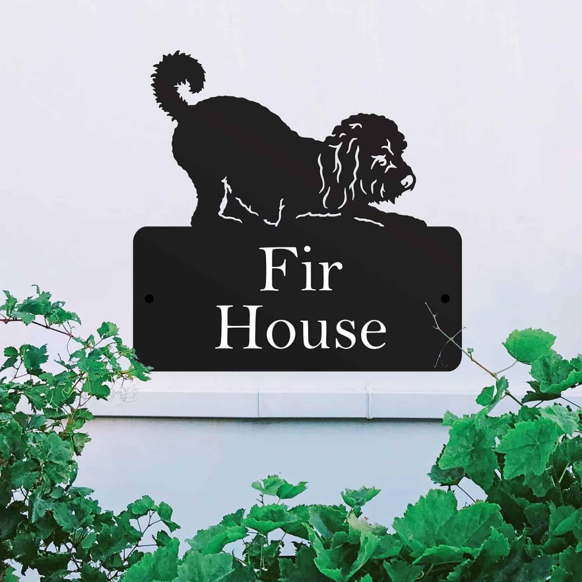 Steel Playful Cockapoo Dog House Name Sign in Situ