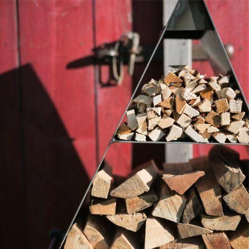 Close-up of the Steel Pyramid Log & Kindling Store in Use