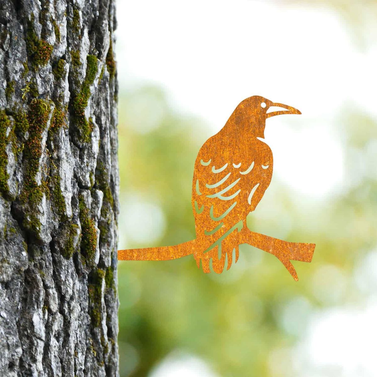 Rustic Steel Rook Bird Tree Spike in Situ