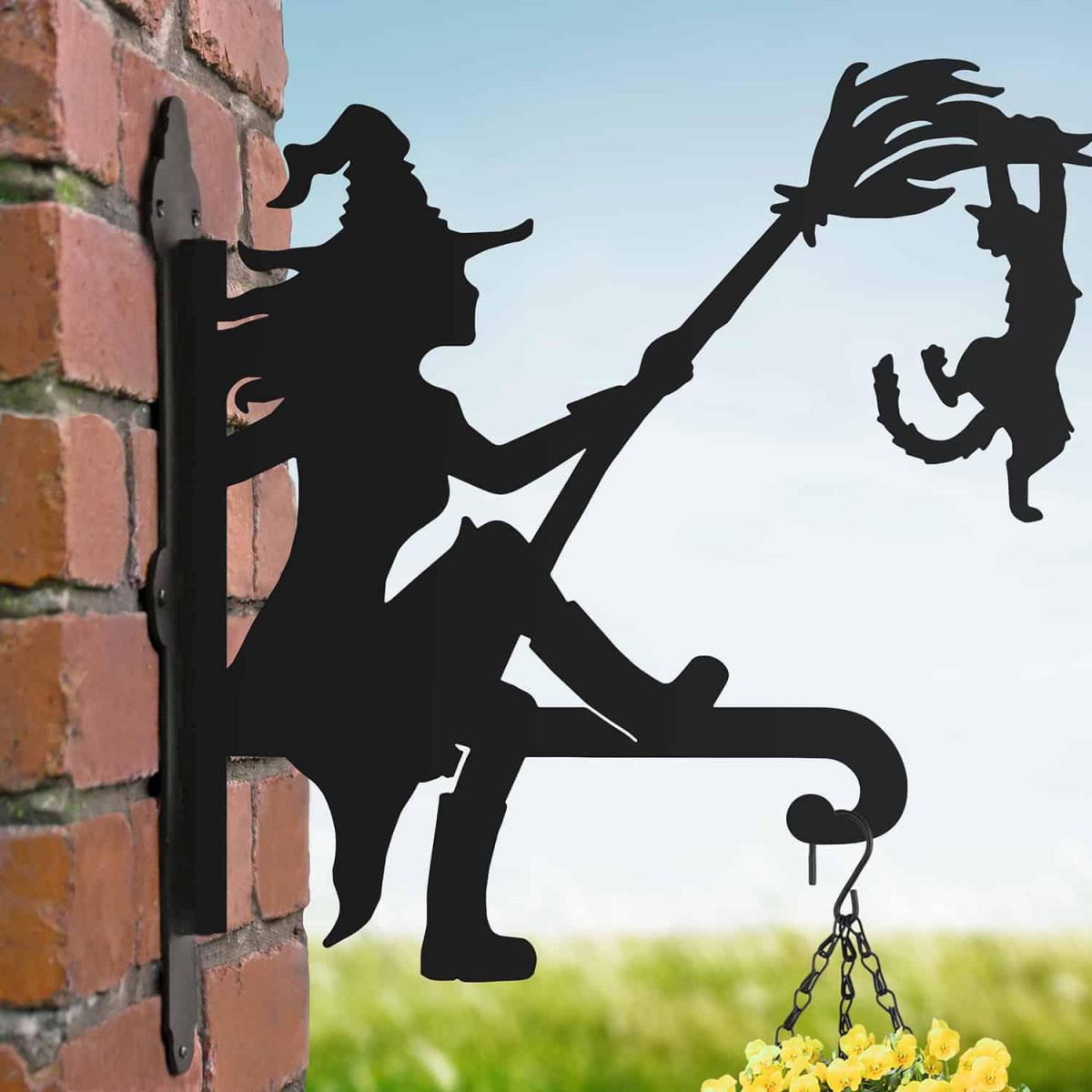 Steel Witch with Cat Hanging Basket Bracket in Situ