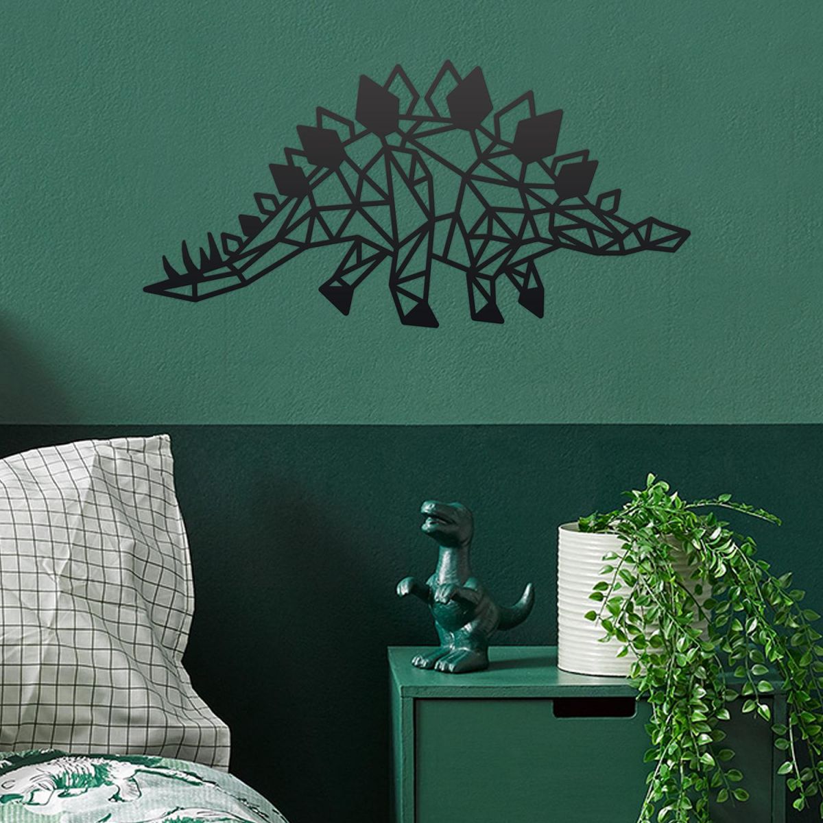 Geometric Iron Stegosaurus Wall Art in Situ in a Bedroom