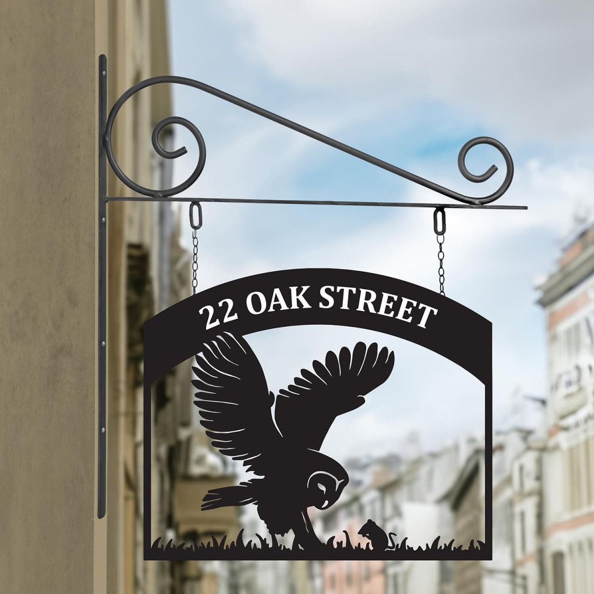 Stunning Steel Barn Owl Hanging House Name Sign in Situ
