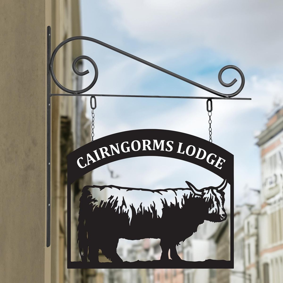 Stunning Steel Highland Cow Hanging House Name Sign in Situ