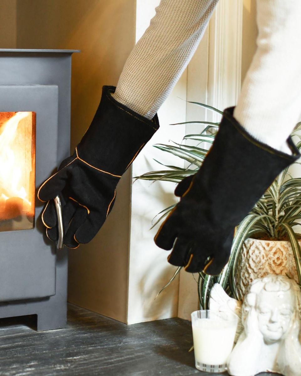 Suede Black & Orange Fireside Gloves In A Fireside Setting