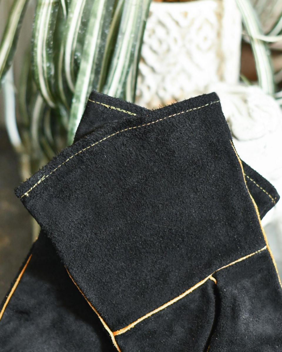 Close Up Of Suede Black & Orange Fireside Gloves