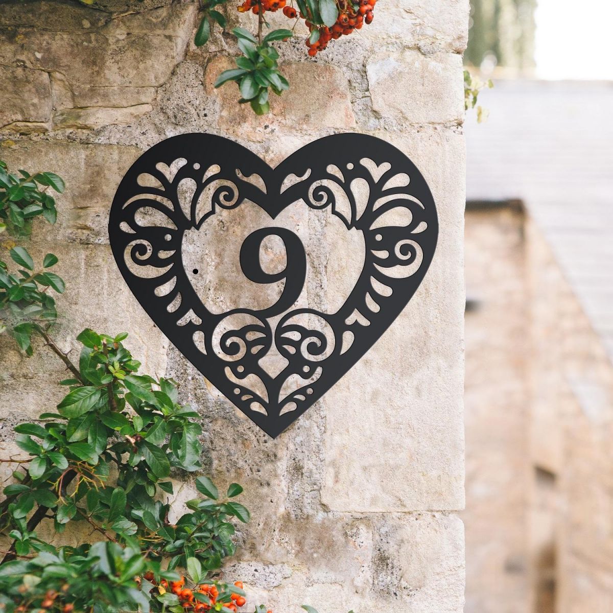 Swirl Heart Iron House Number Sign in Situ