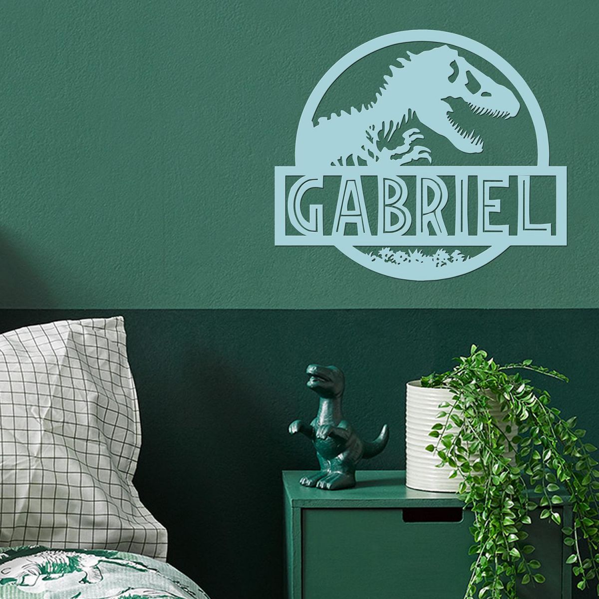 T-Rex Steel Monogram Steel House Name Sign on Situ on a Green Wall