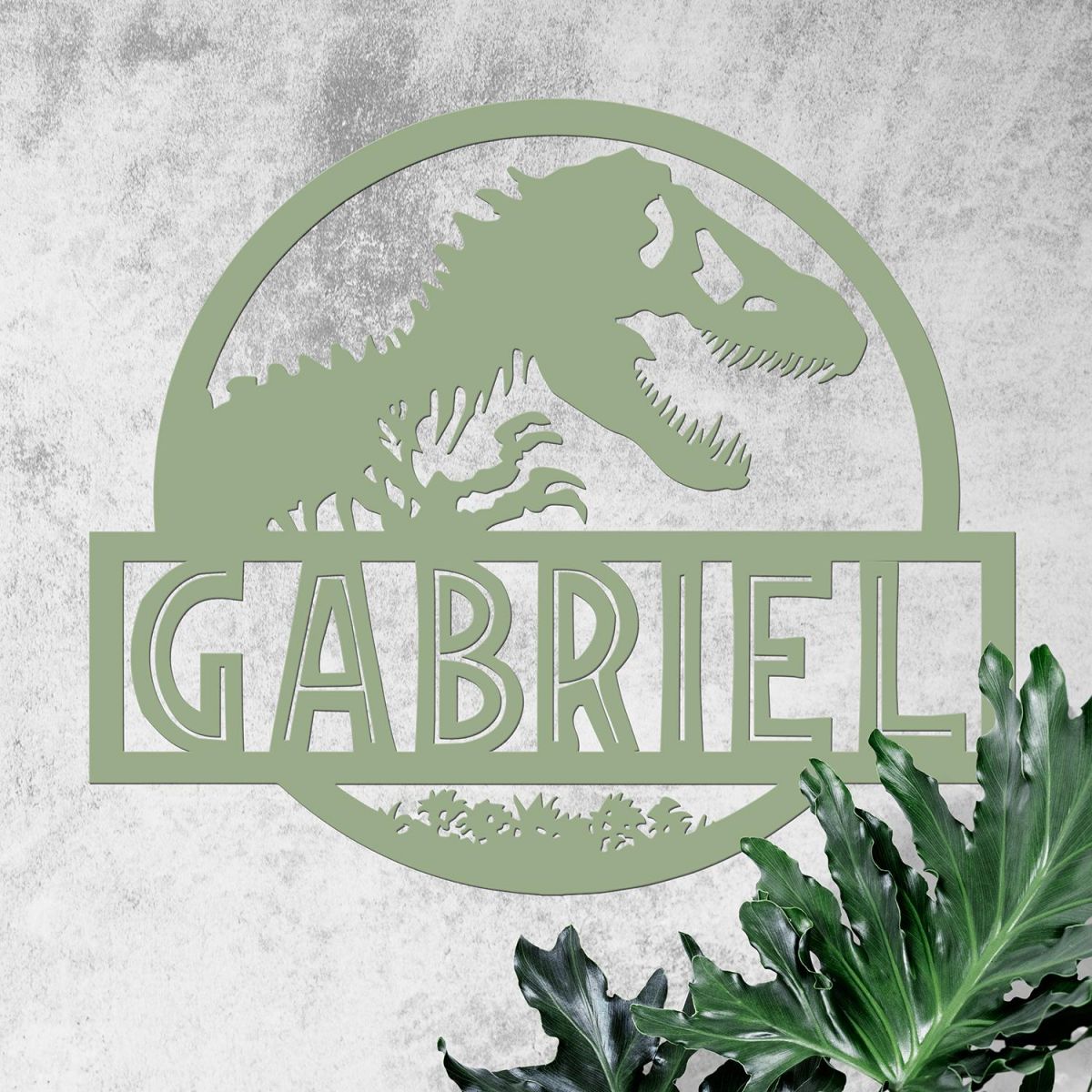 T-Rex Steel Monogram Name Sign in Situ Next to Plants