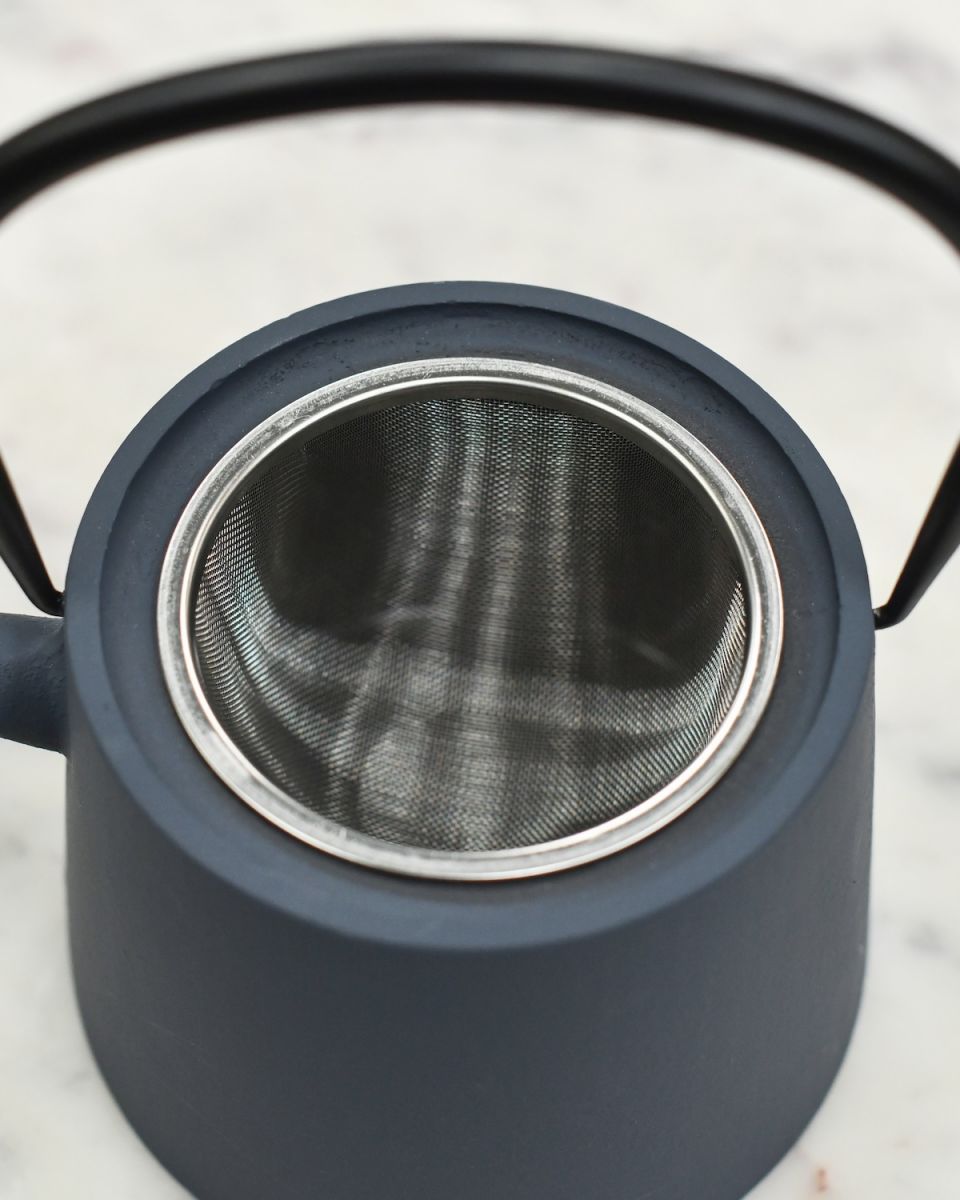 Close up of tea strainer detail on Slate Grey "Kurume" Japanese Style Teapot