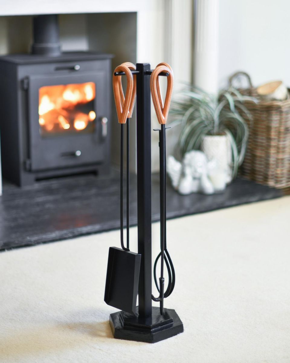 "The Celare" Companion Set With Leather Handles In A Fireside Setting