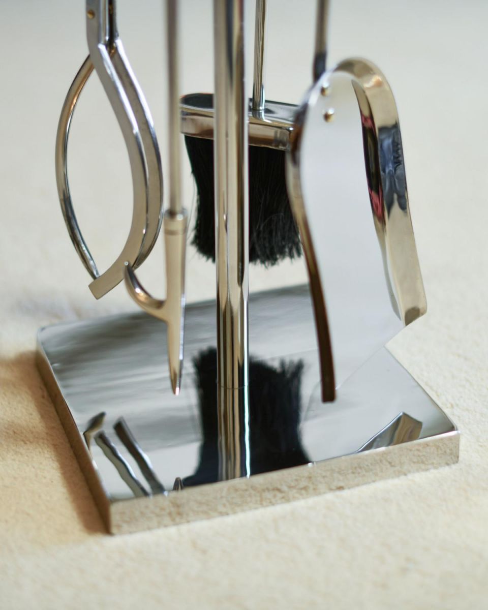 Close Up Of "The Fareham" Polished Companion Set With Leather Handles Base