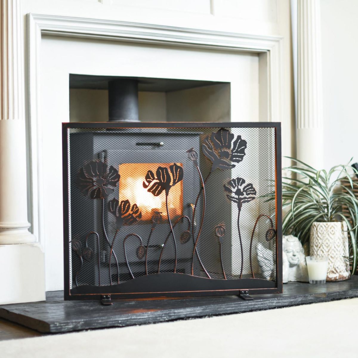 "The Meadow" Antique Fire Guard In A Fireplace Setting