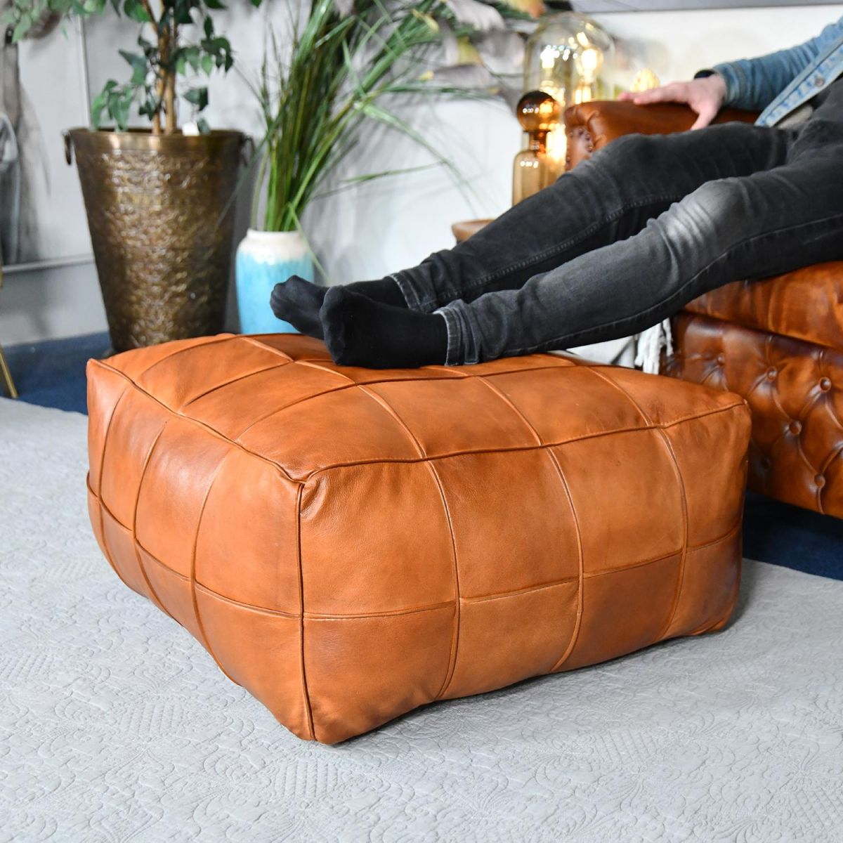 "The Wickesbury" Tan Leather Floor Pouffe to Scale