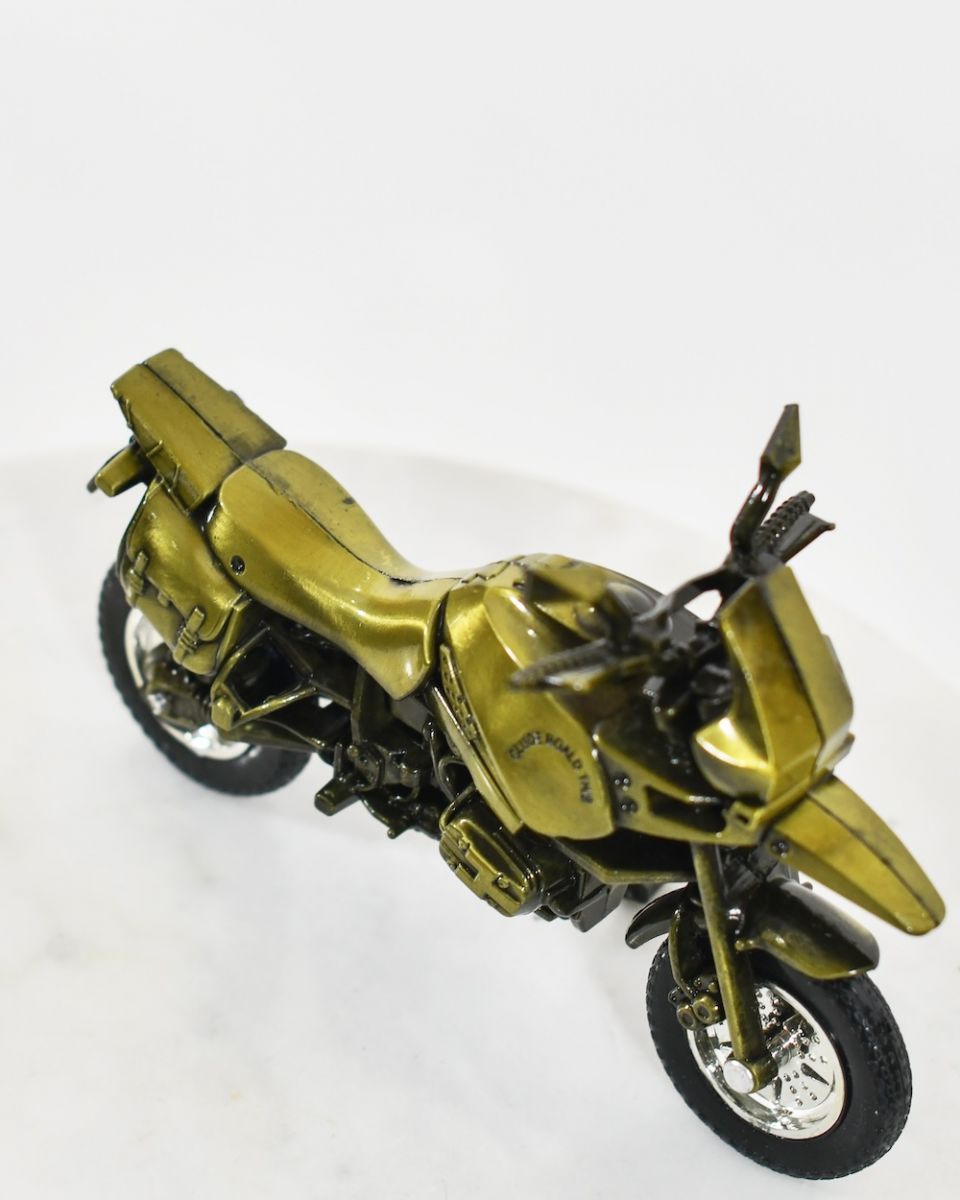 top view of recycled metal adventure bike sculpture