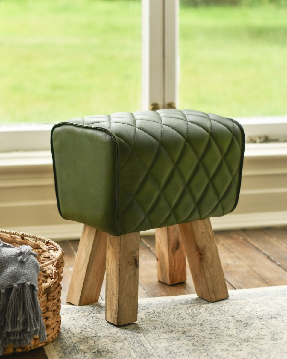 Traditional and Rustic Deep Green Leather Pommel Stool