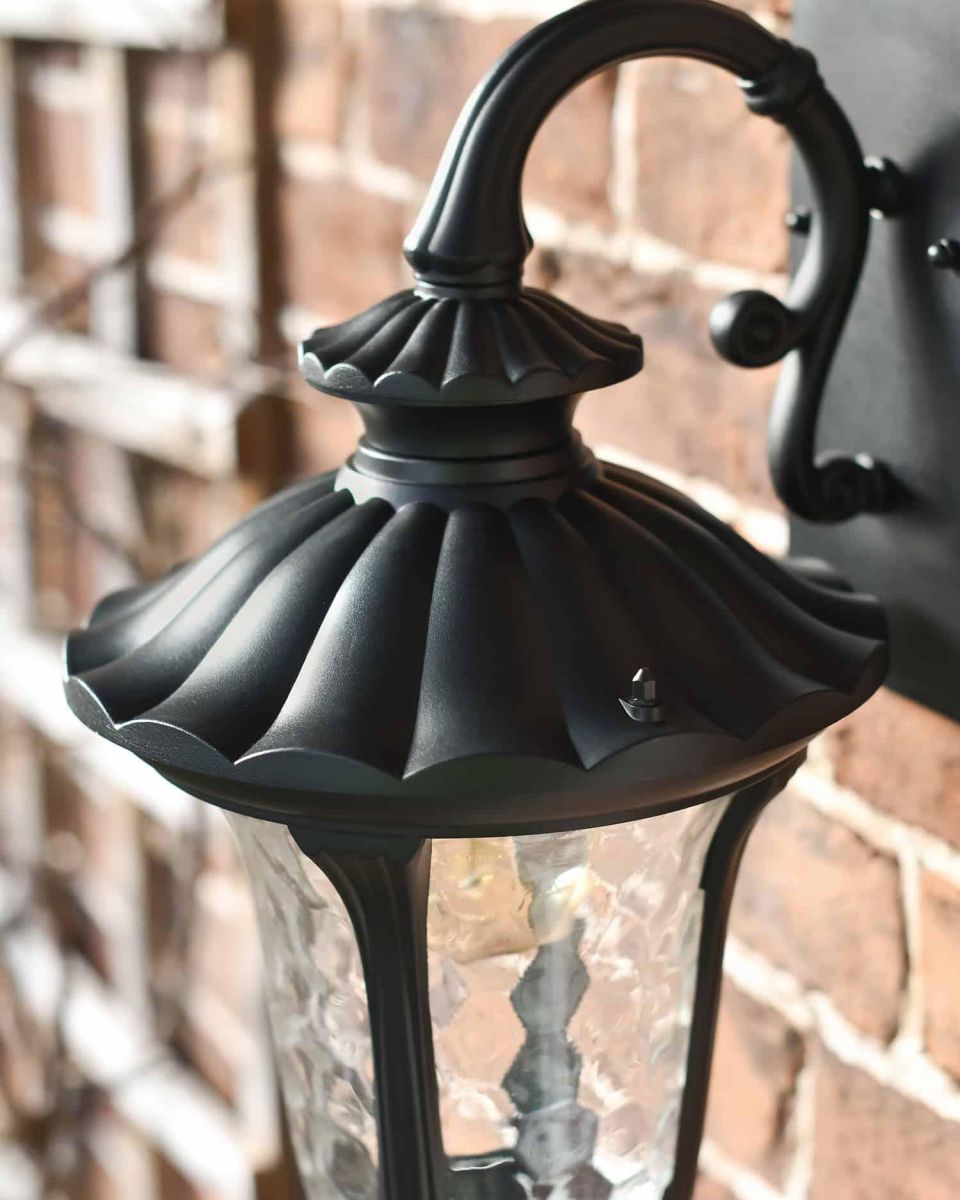 Close-Up of Traditional Black Aluminium Ornate Victorian Top Fix Wall Lantern - 48cm