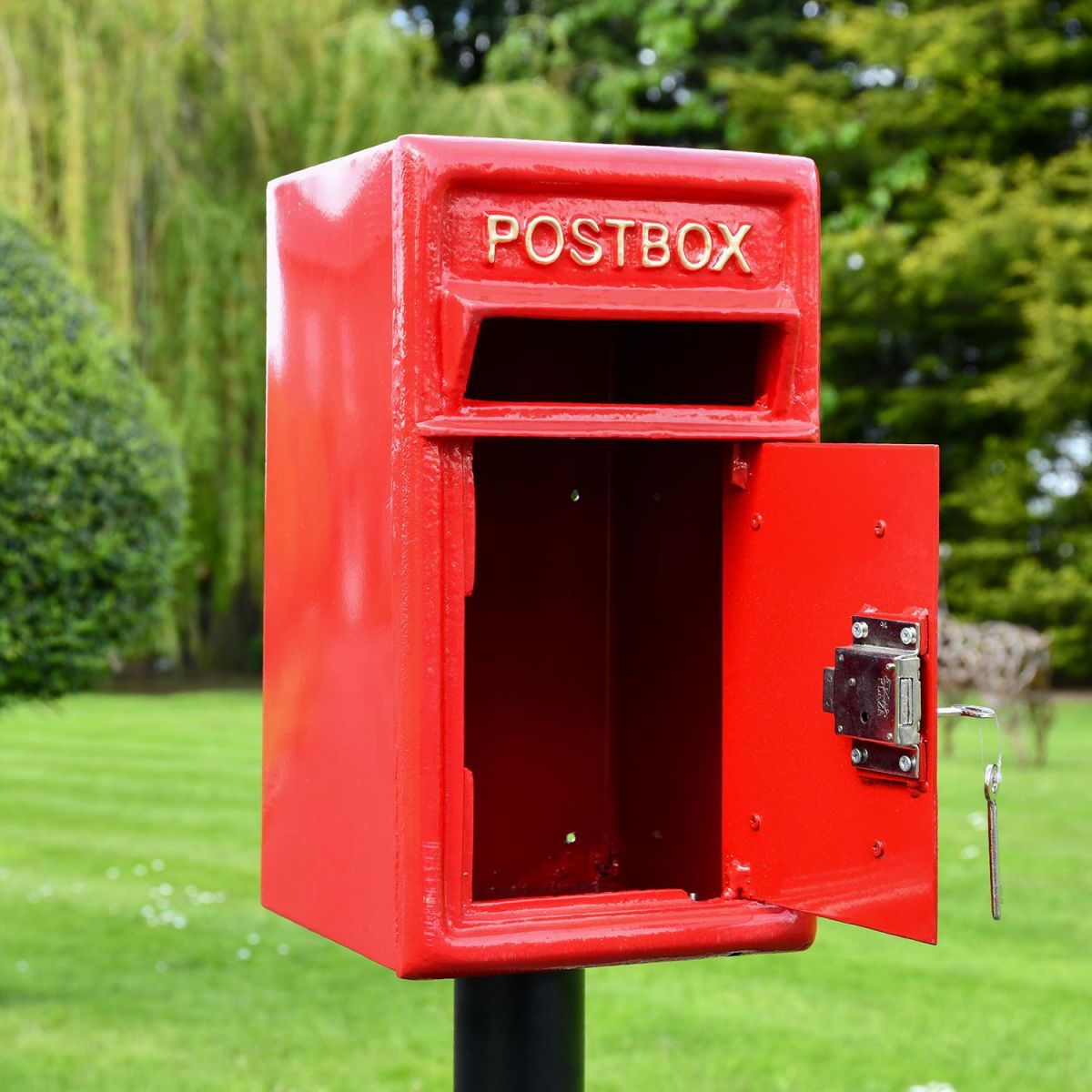Traditional Red & Gold Post Box and Stand with Front Opening Door
