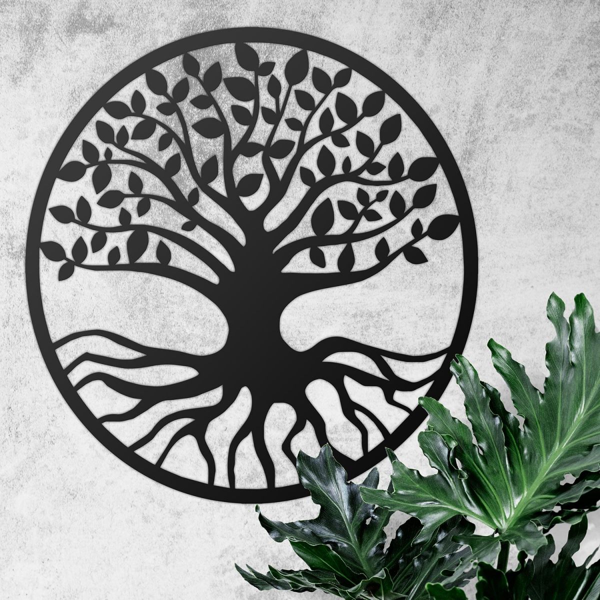 Black Round "Tree of Life" Wall Art in Situ on a White Wall