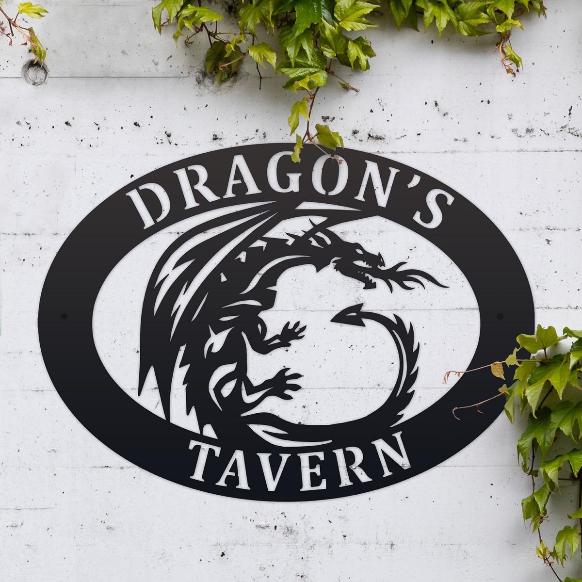 Tribal Dragon Iron Oval House Sign in Situ