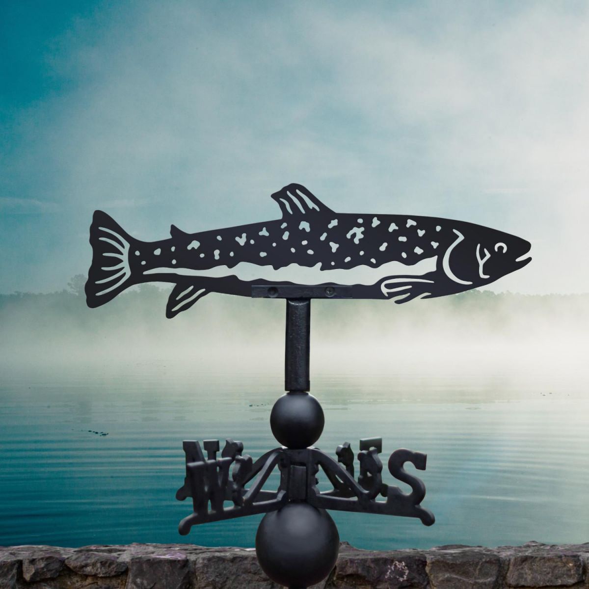 Trout fish weathervane in the fog