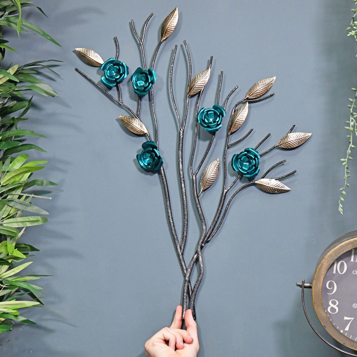 Turquoise Rose Branch Wall Art to Scale