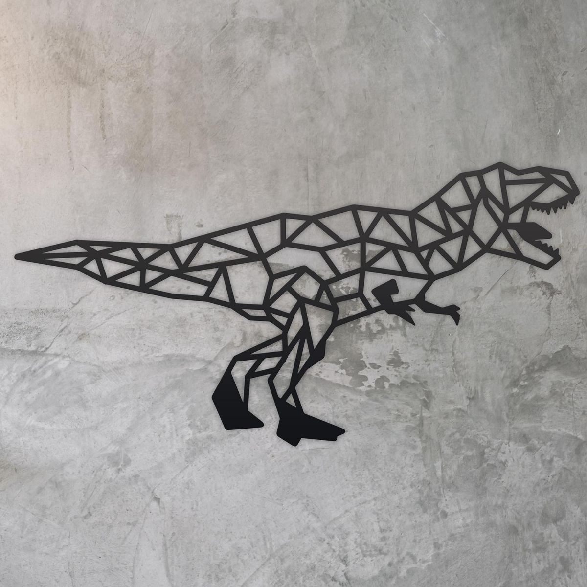 Geometric Iron T-Rex Wall Art on a Rustic Wall