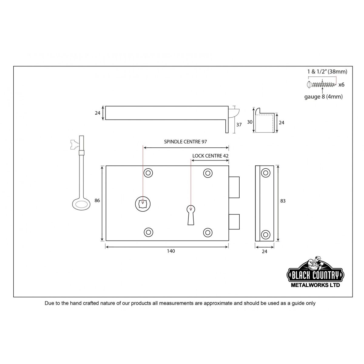 Left Hand Iron Rim Lock - Small - Dimensions 