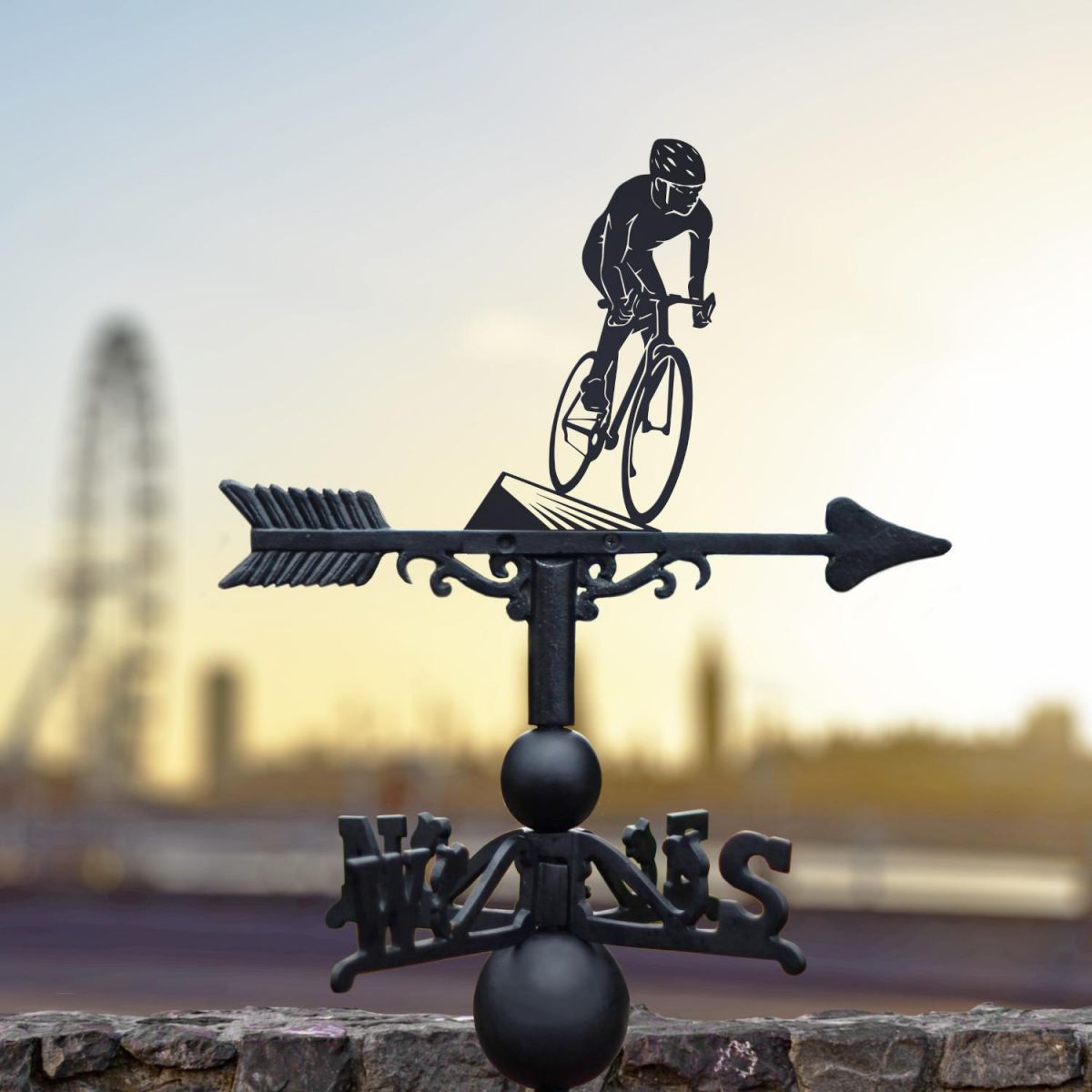 Cast Iron and Steel Cyclist Weathervane in Situ