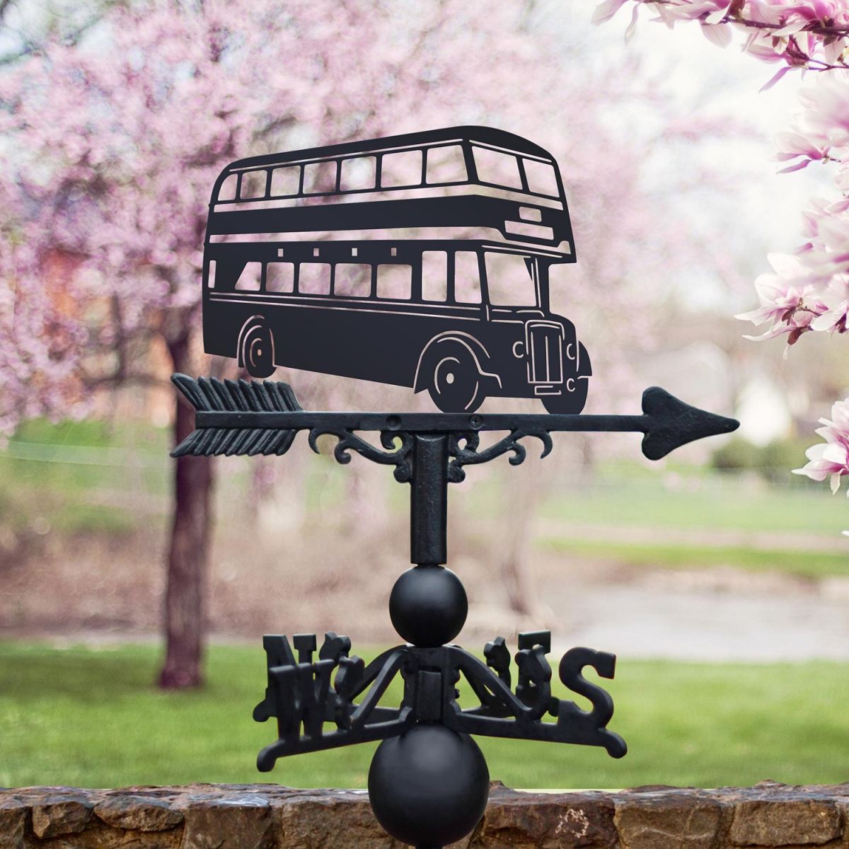 Black Old Birmingham Bus Weathervane on Spring scene background