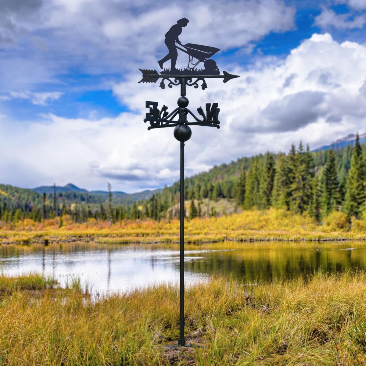 Free Standing Weathervane with Wheelbarrow Gardener Motif